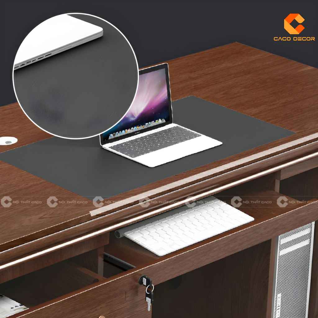 Chi tiết mặt bàn gỗ tự nhiên BGD063 tích hợp tấm lót làm việc