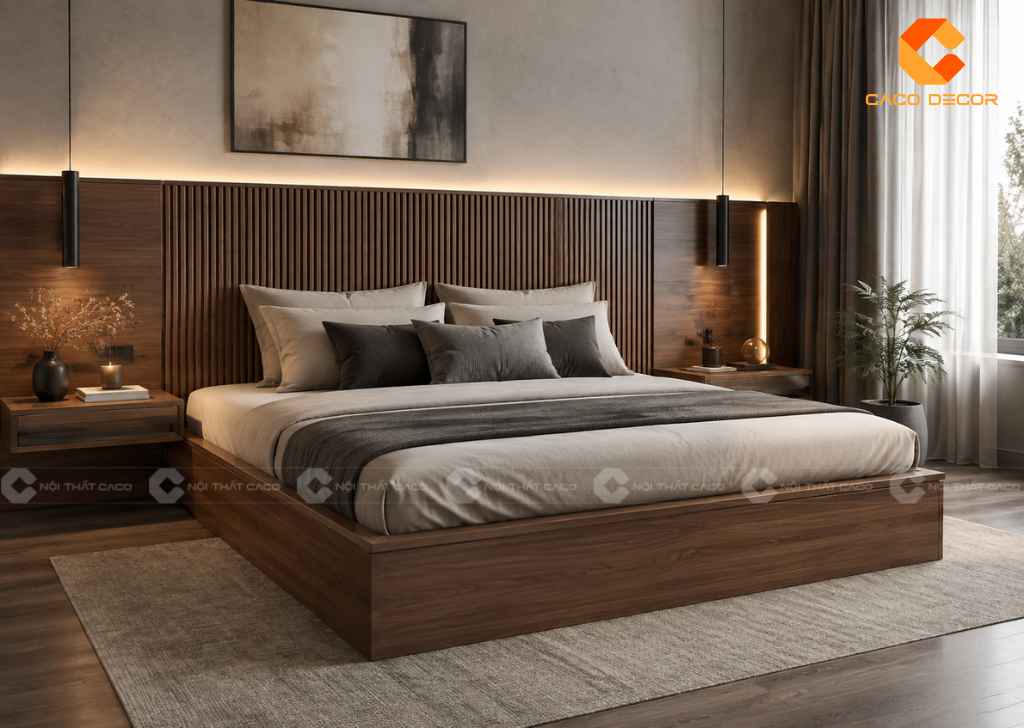 Giường 2m thiết kế hiện đại với đầu giường nan gỗ