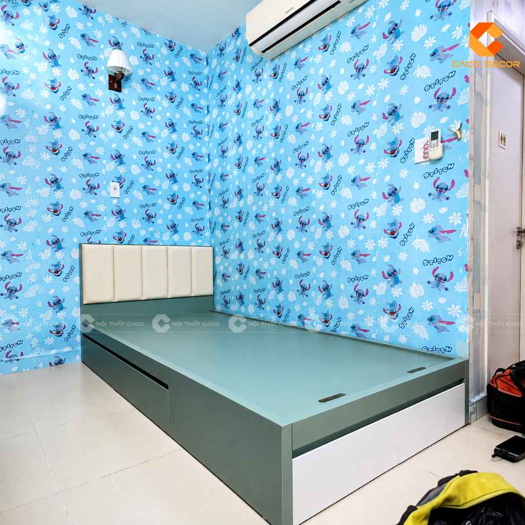 Giường ngủ 1m cho bé màu xanh phối trắng hoàn thiện