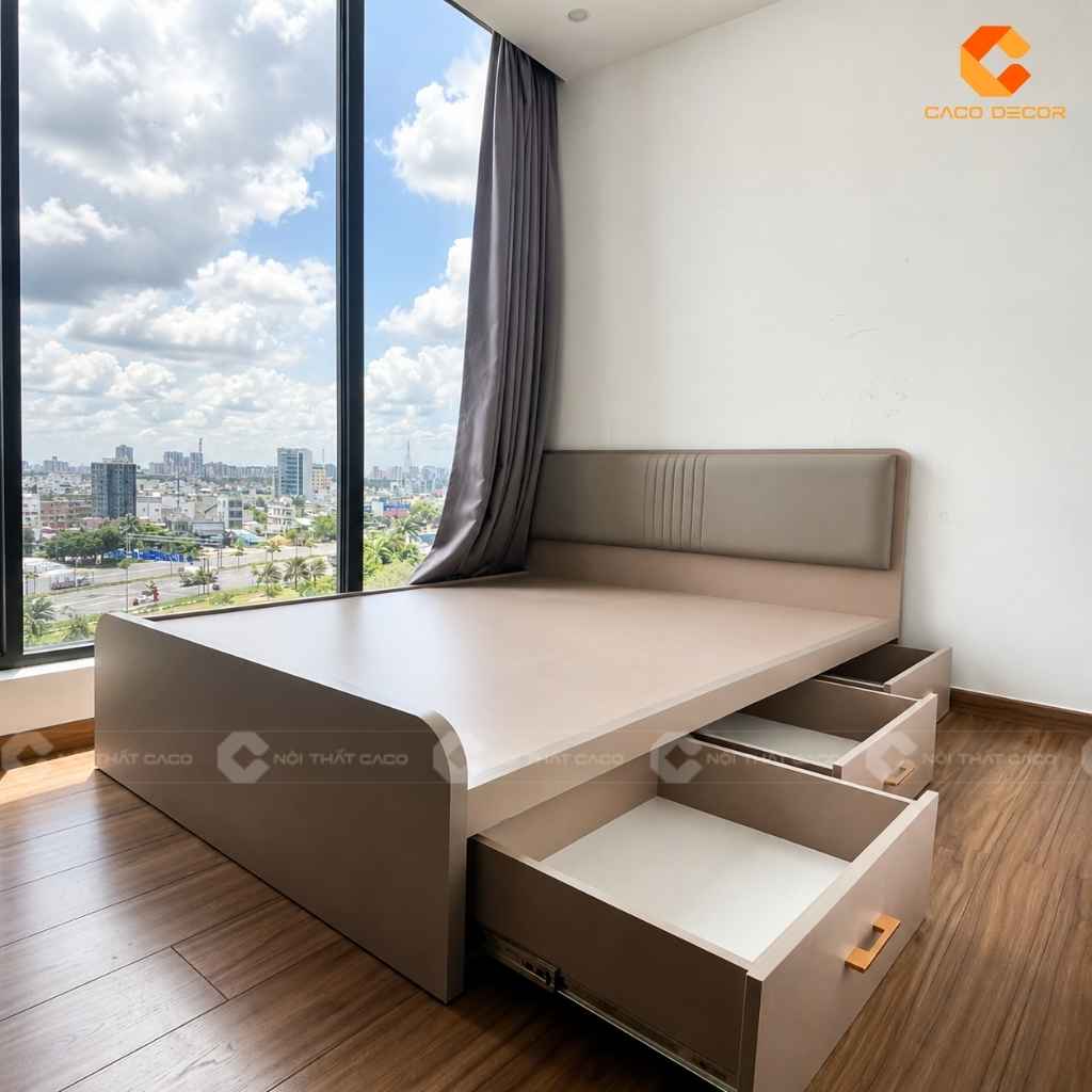 Giường ngủ 1m6 đầu giường bọc nệm và 3 hộc kéo bên hông