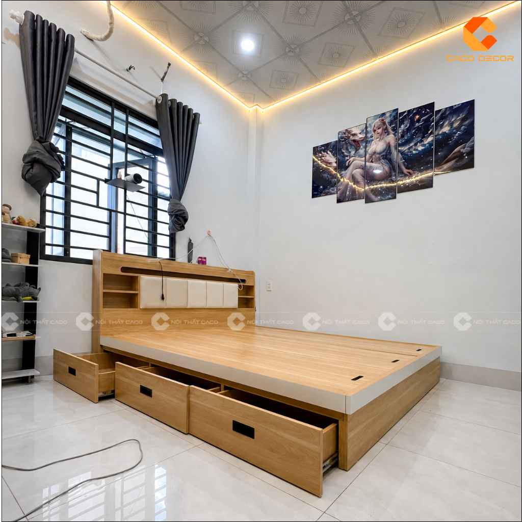 Giường ngủ gỗ có ngăn kéo mở hộc tại công trình anh Thường