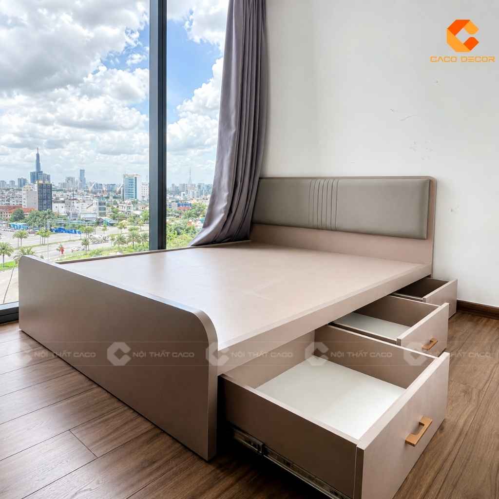 Giường ngủ có hộc kéo tiện dụng hoàn thiện tại căn hộ Eco Green