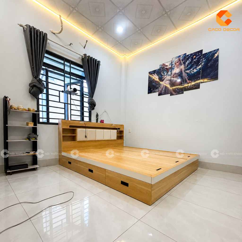 Giường ngủ có LED đầu giường hoàn thiện tại nhà anh Thường ở Tân Đông Hiệp