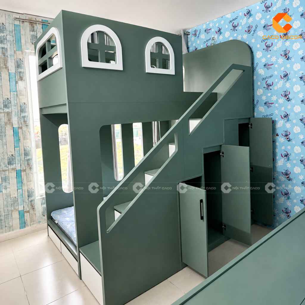 Giường tầng kết hợp cầu thang và hệ tủ lưu trữ cho phòng ngủ trẻ em