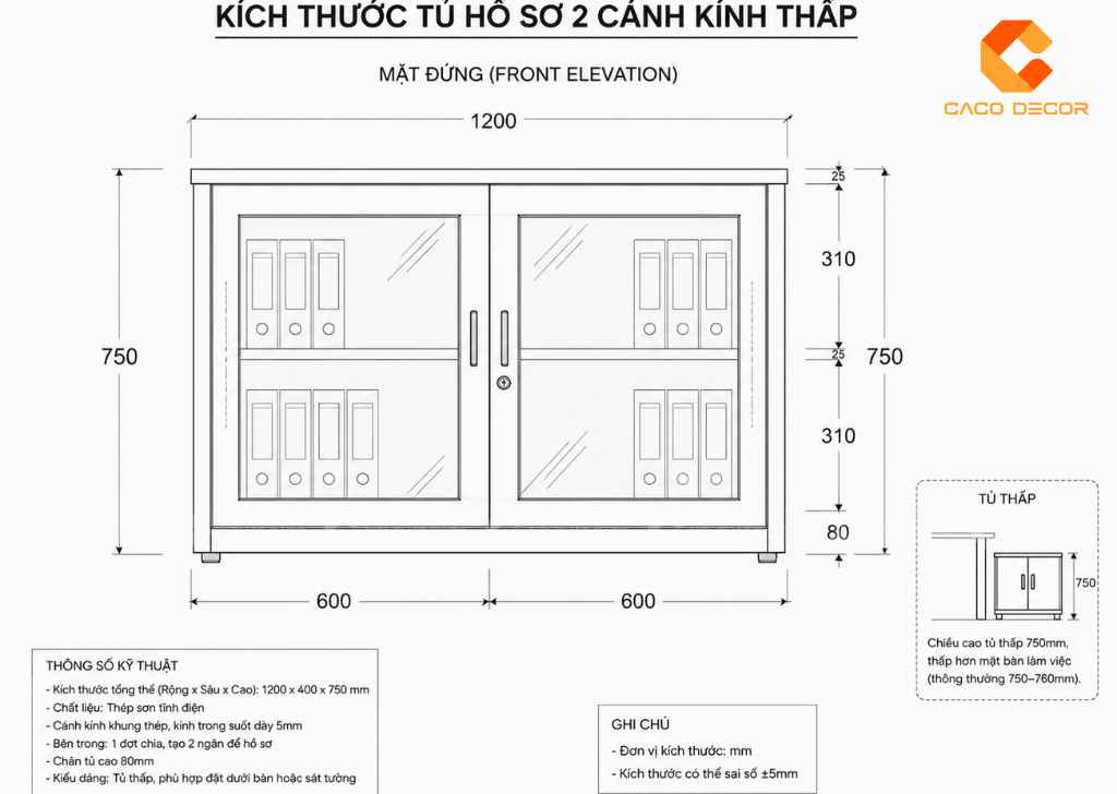 Kích thước tham khảo tủ hồ sơ cánh kính thấp
