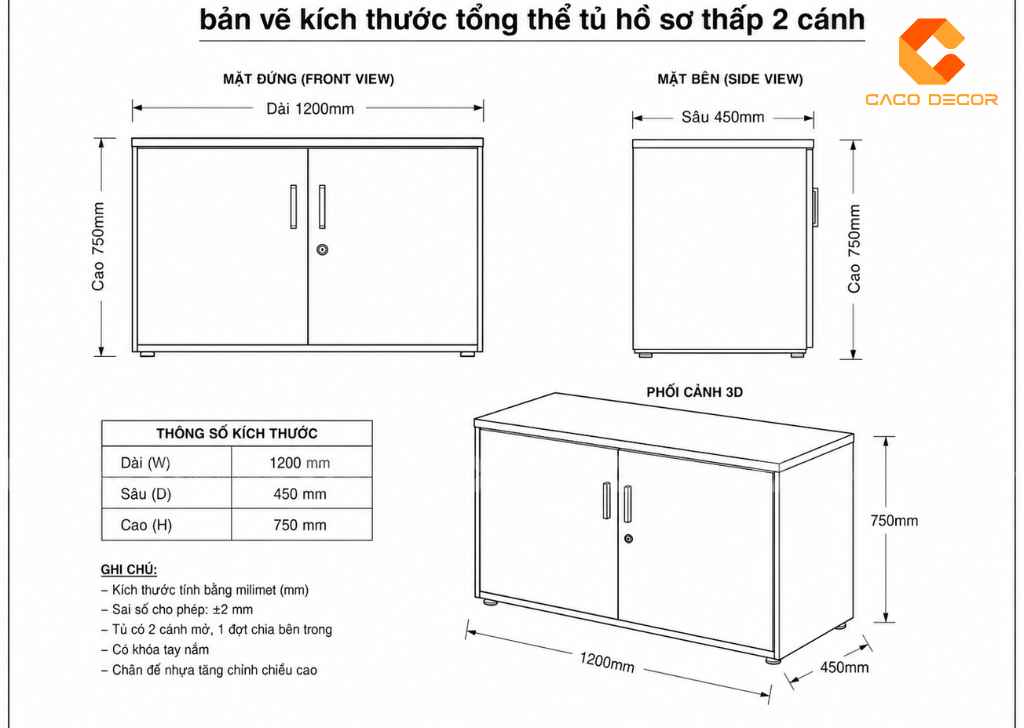 Bản vẽ kích thước tủ hồ sơ thấp 2 cánh tham khảo