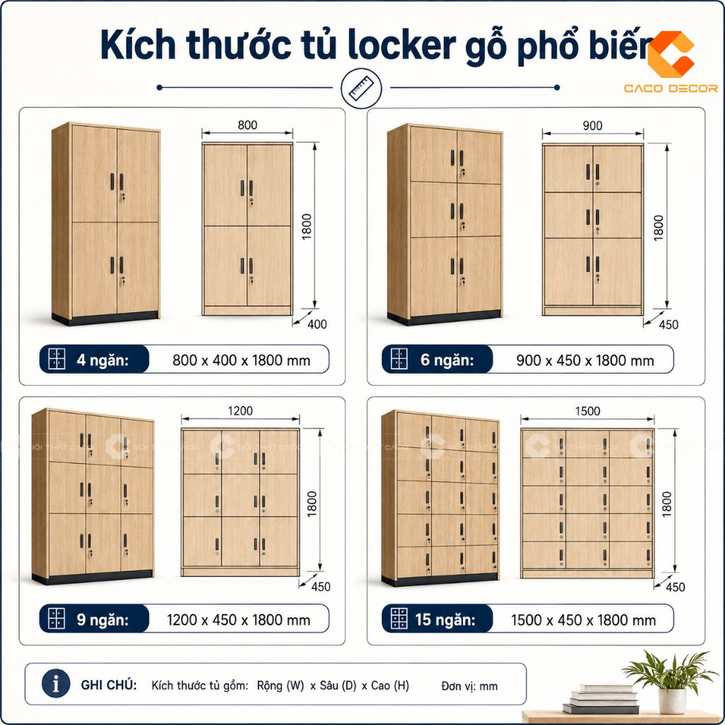 Kích thước mô phỏng tham khảo cho các mẫu tủ locker gỗ