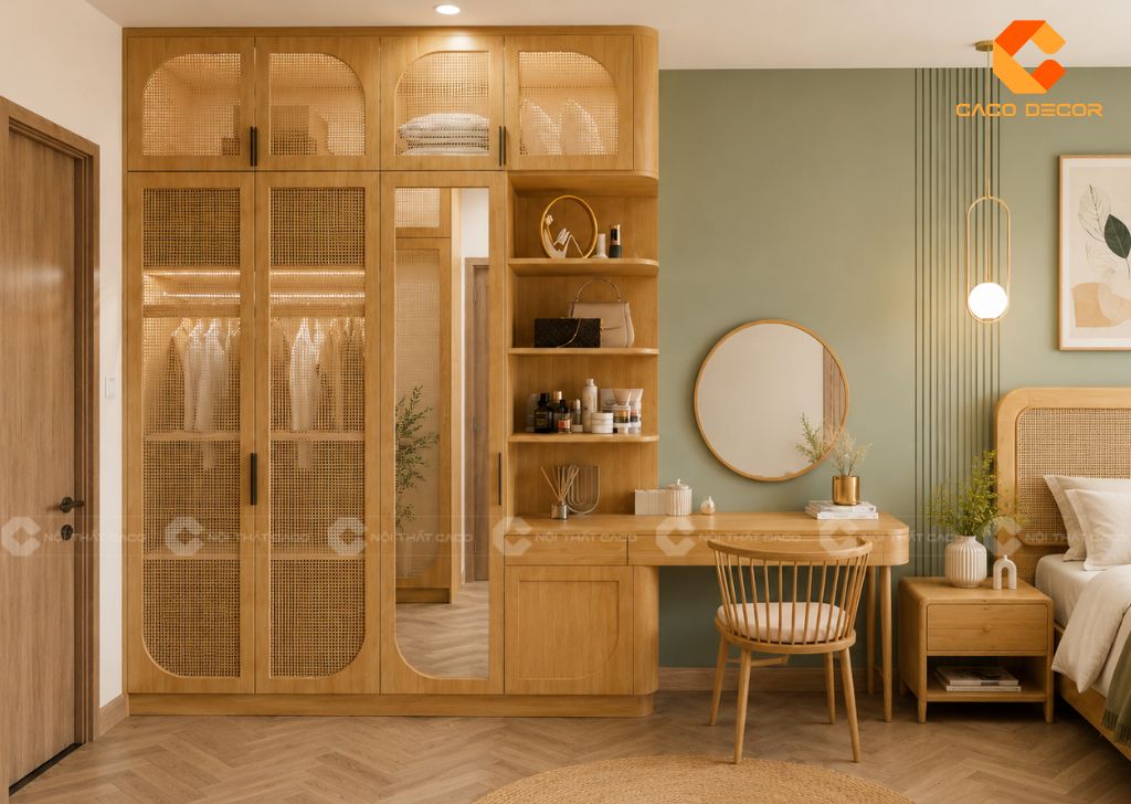 Tủ quần áo đan mây thiết kế liền bàn trang điểm