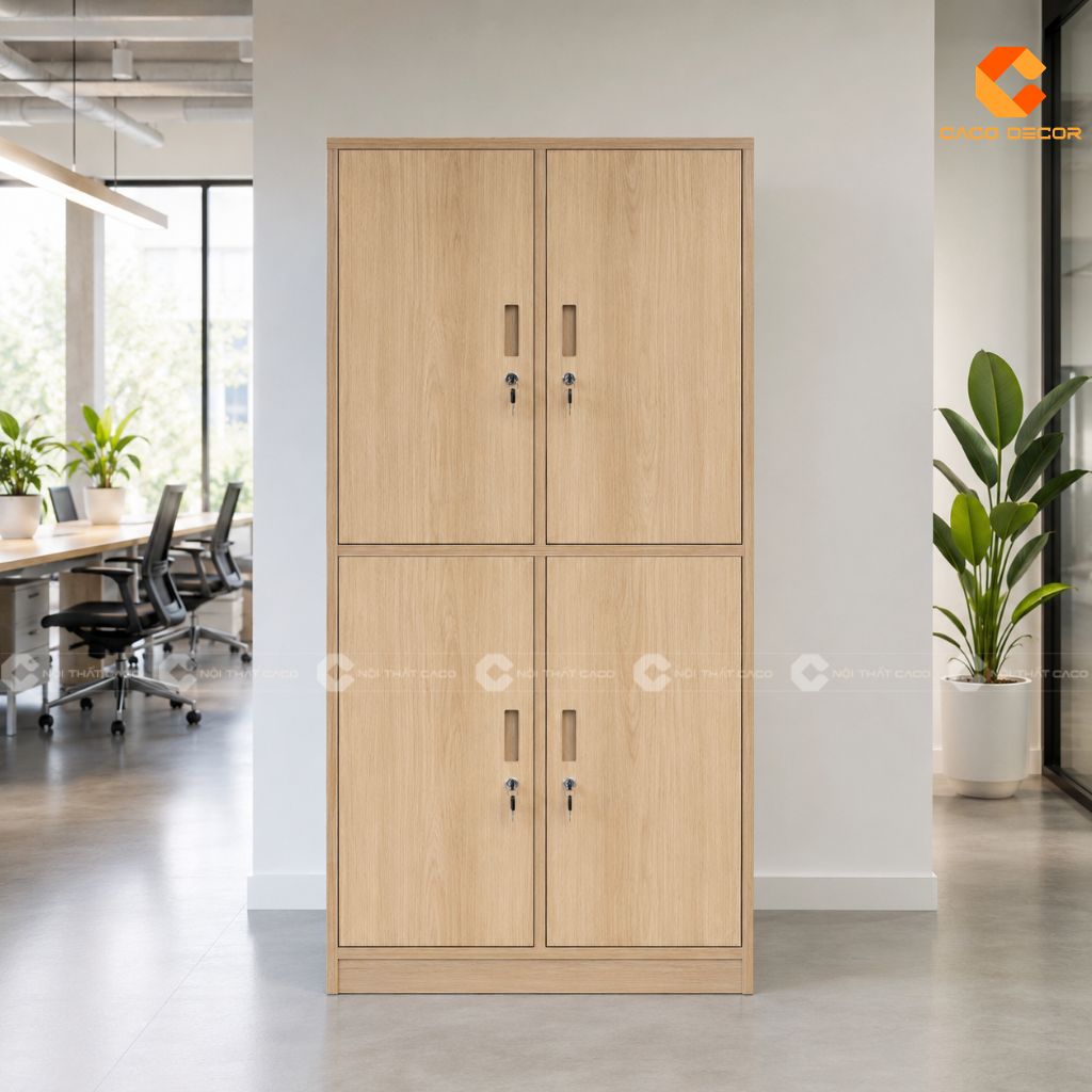 Mẫu tủ locker gỗ văn phòng 4 ngăn tay nắm âm có khóa riêng