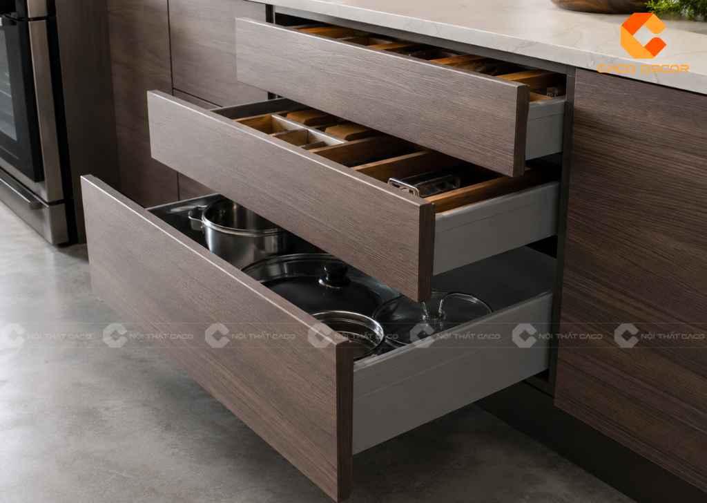 Ngăn kéo tủ bếp Laminate bố trí khoa học