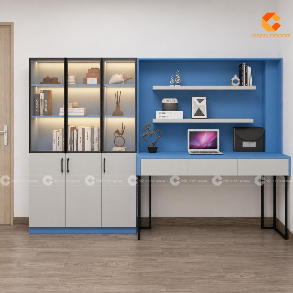 Phối cảnh 2D tủ trưng bày kết hợp bàn học trẻ em phối xanh trắng