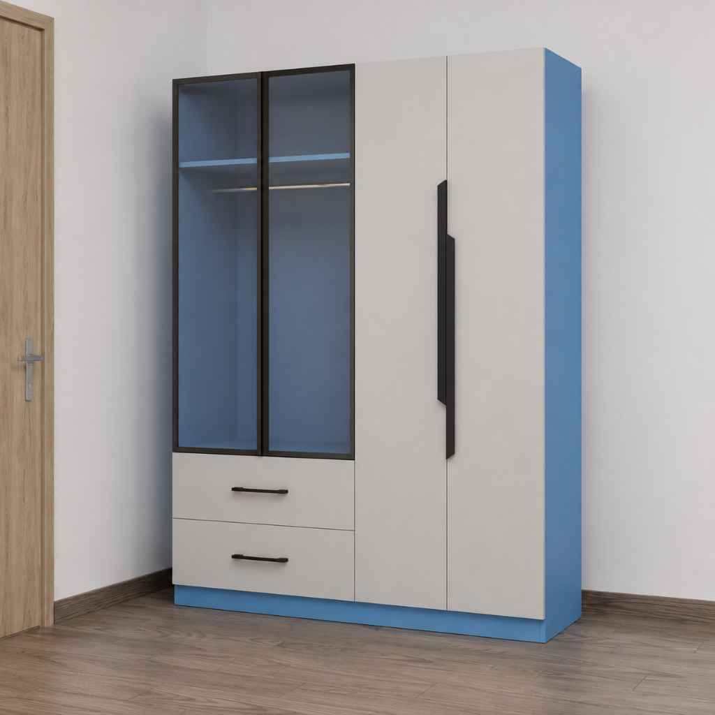 Phối cảnh 2D tủ quần áo trẻ em kết hợp khoang kính và ngăn kéo