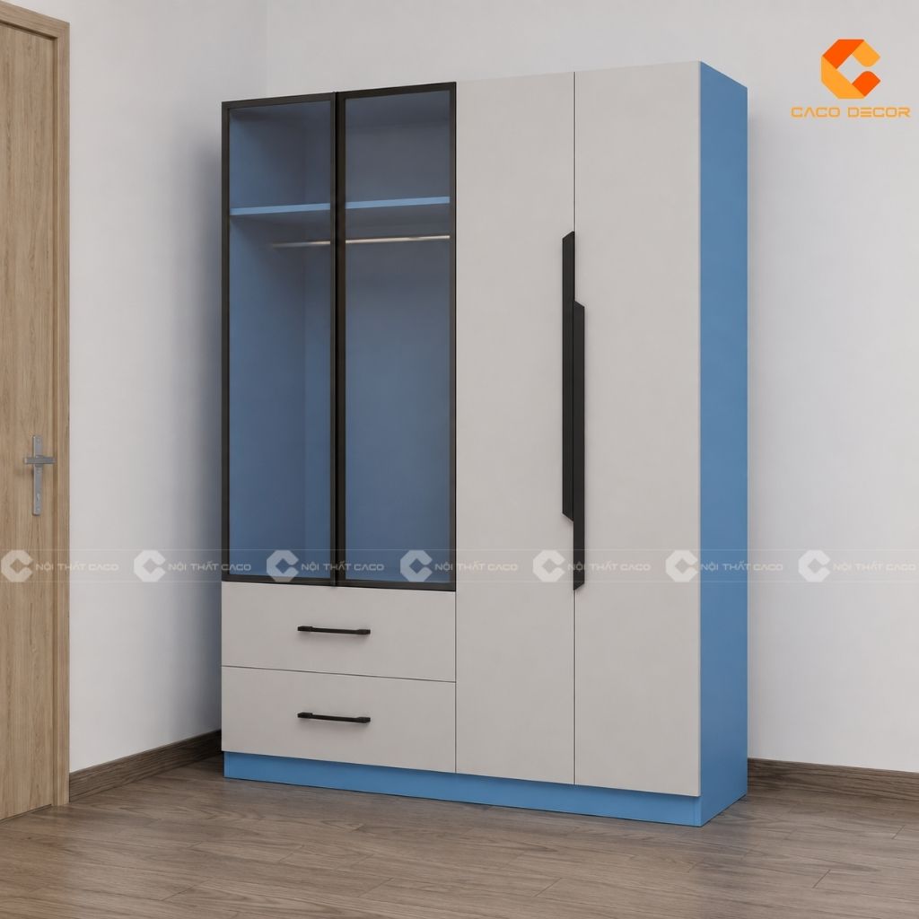 Phối cảnh 2D tủ quần áo trẻ em kết hợp khoang kính và ngăn kéo