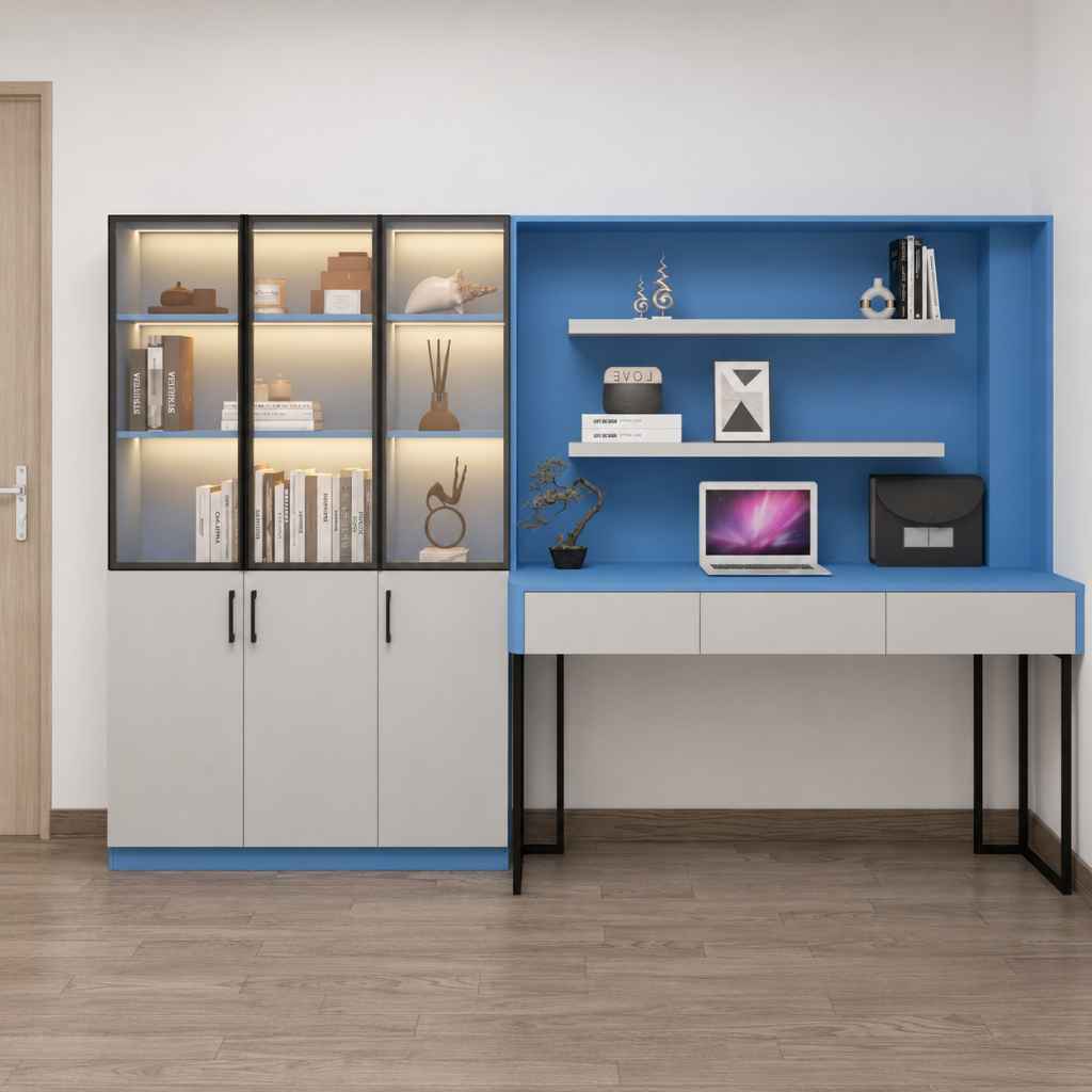 Phối cảnh 2D tủ trưng bày kết hợp bàn học trẻ em phối xanh trắng