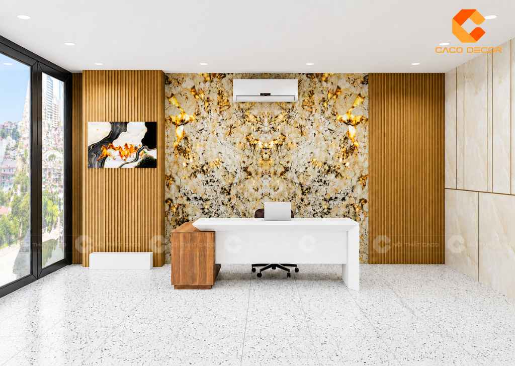 Phối cảnh 3D bàn giám đốc và vách trang trí tại The Global City