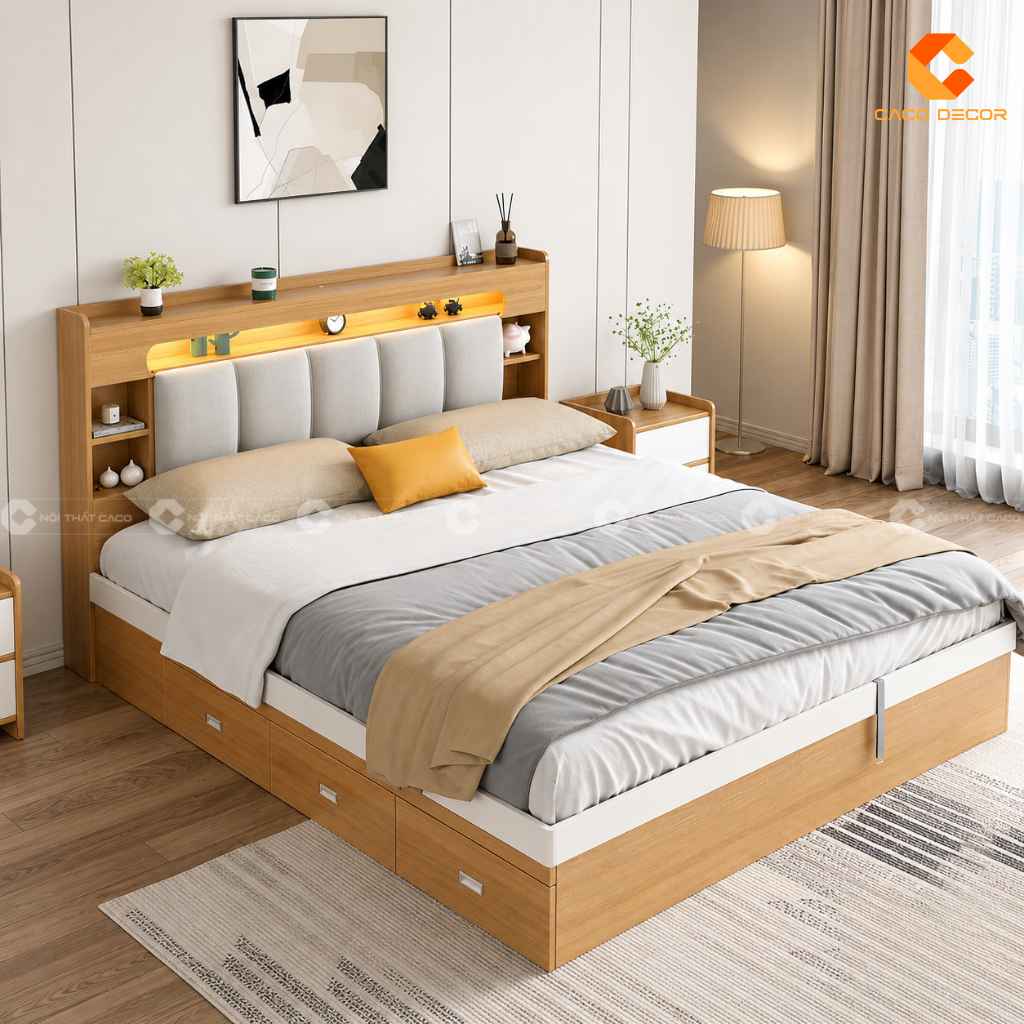 Phối cảnh 3D giường ngủ có LED đầu giường và hộc kéo của CaCo