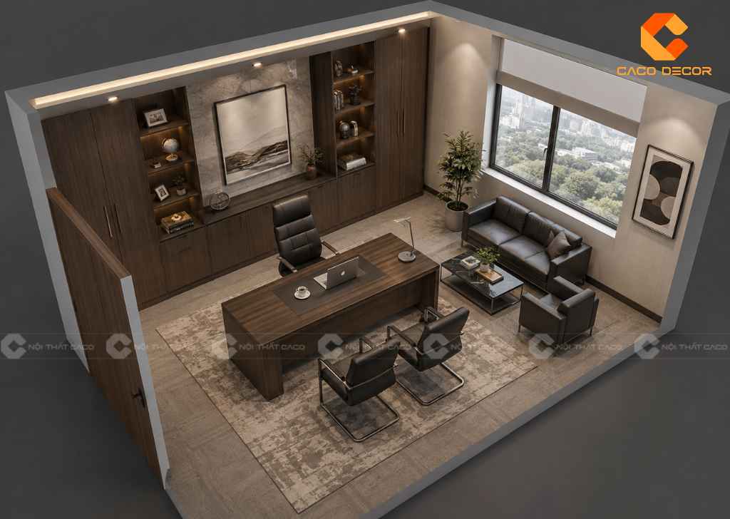 Phối cảnh 3D tổng thể thiết kế phòng giám đốc 20m2 trước khi thi công
