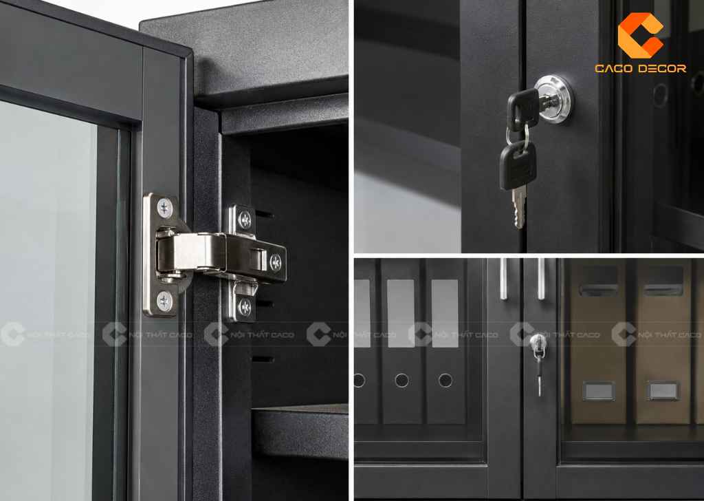 Chi tiết bản lề và khóa của tủ hồ sơ cánh kính