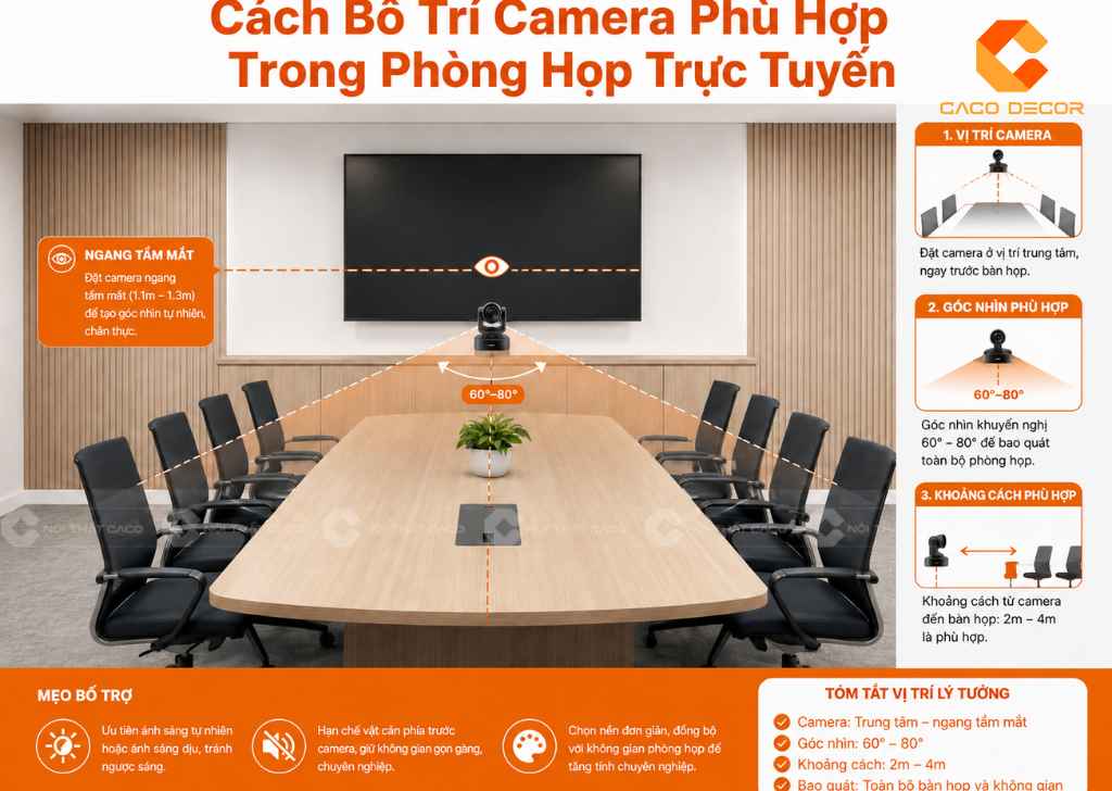 Cách bố trí camera phù hợp trong phòng họp trực tuyến