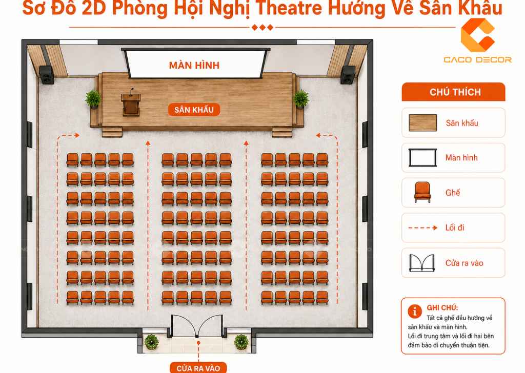 Sơ đồ 2D phòng hội nghị Theatre hướng về sân khấu