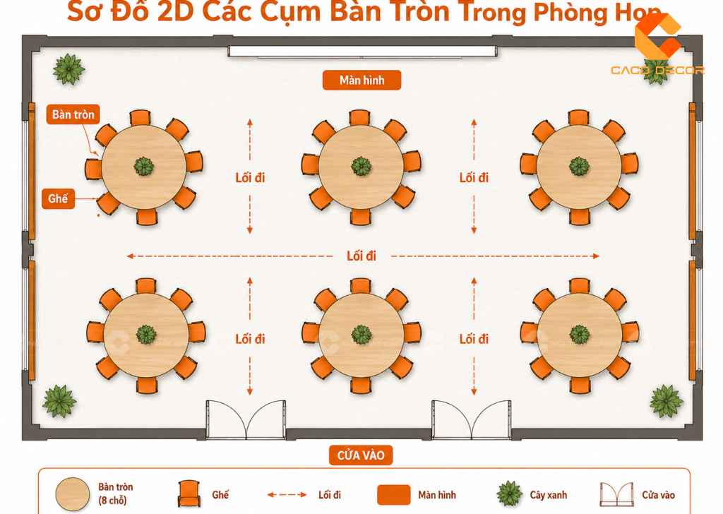 Sơ đồ 2D các cụm bàn tròn trong phòng họp