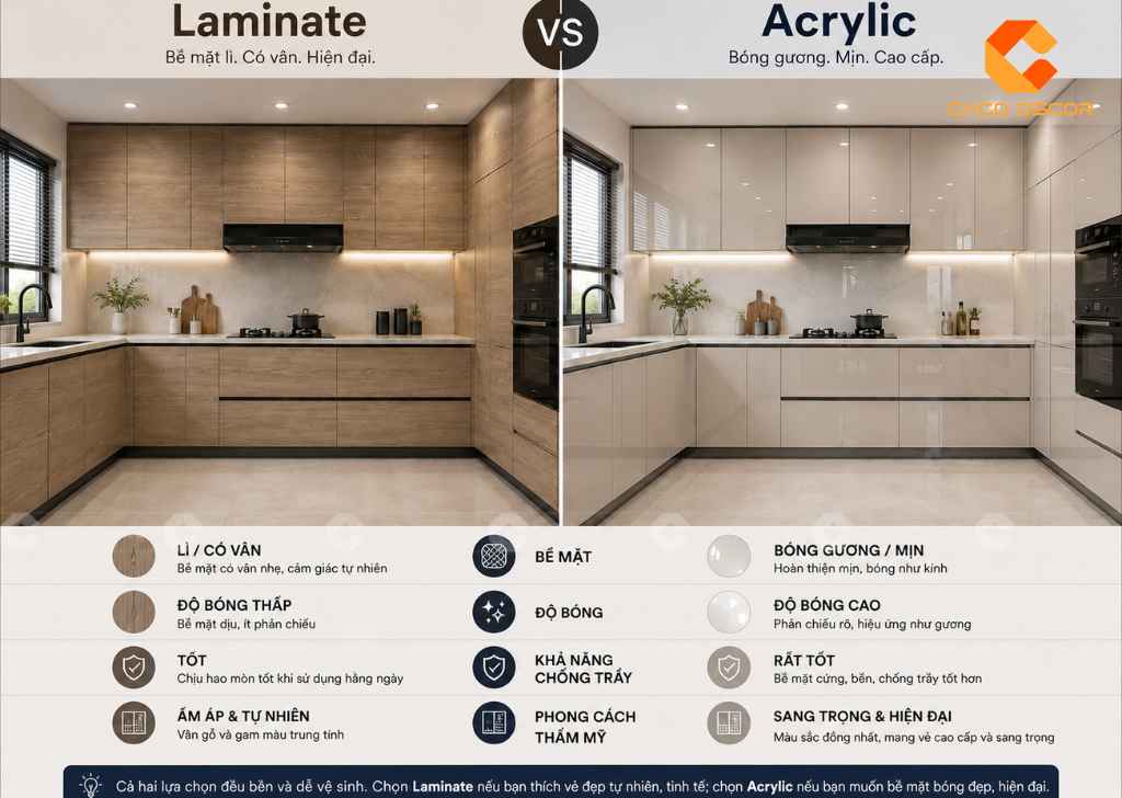 So sánh mẫu tủ bếp Laminate và Acrylic