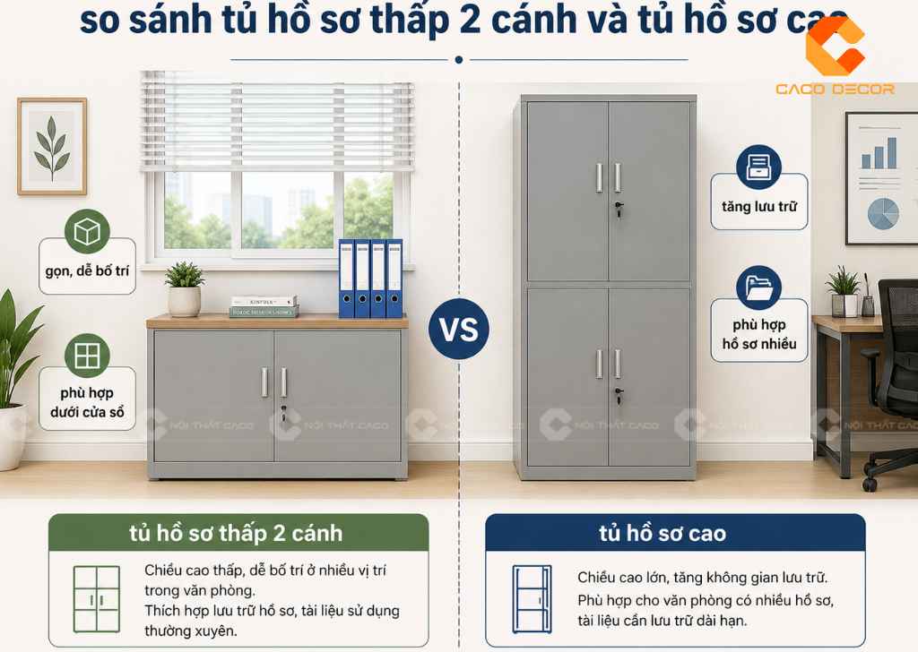 So sánh tủ hồ sơ thấp và tủ hồ sơ cao văn phòng