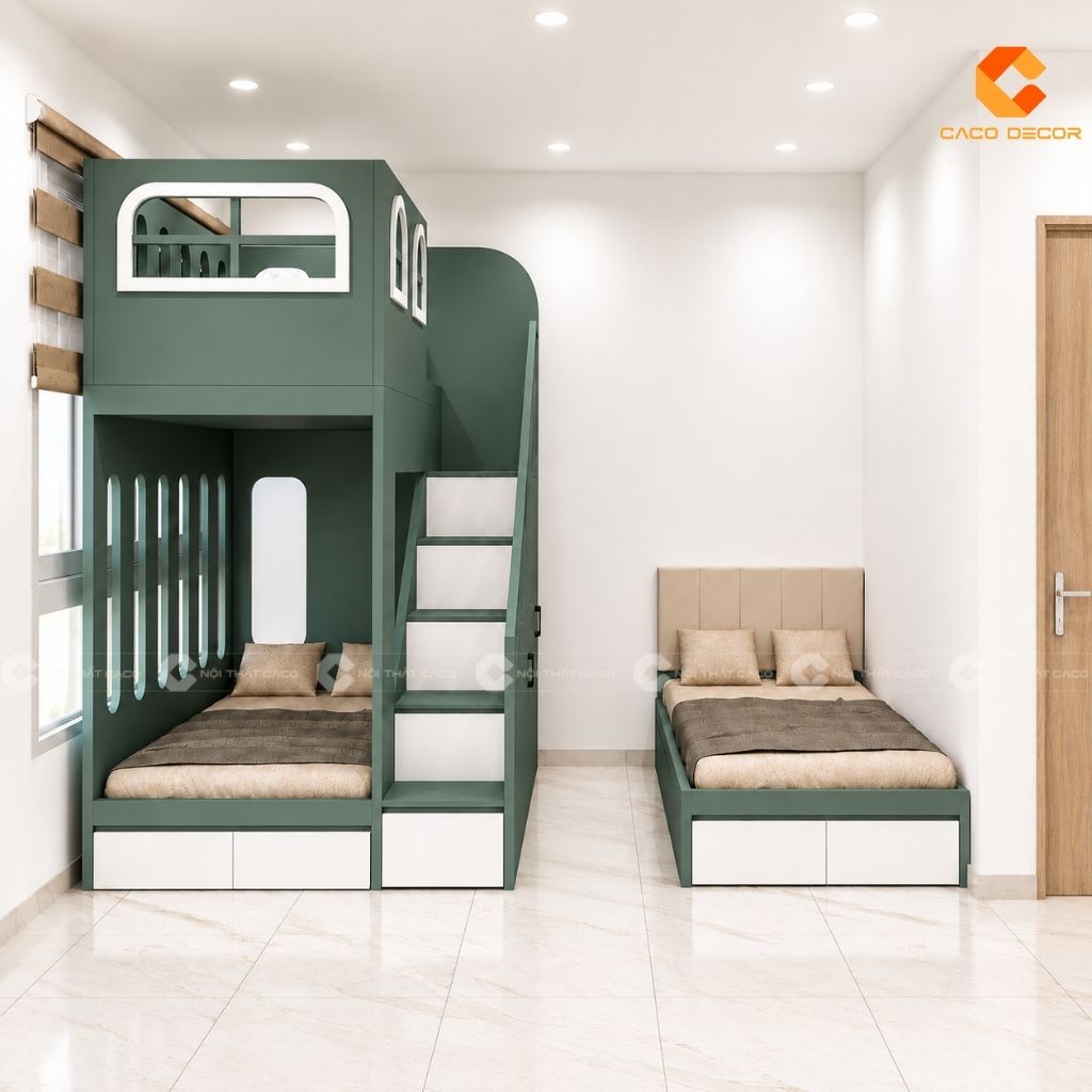 Phối cảnh 3D phòng ngủ trẻ em gồm giường tầng và giường đơn 1m