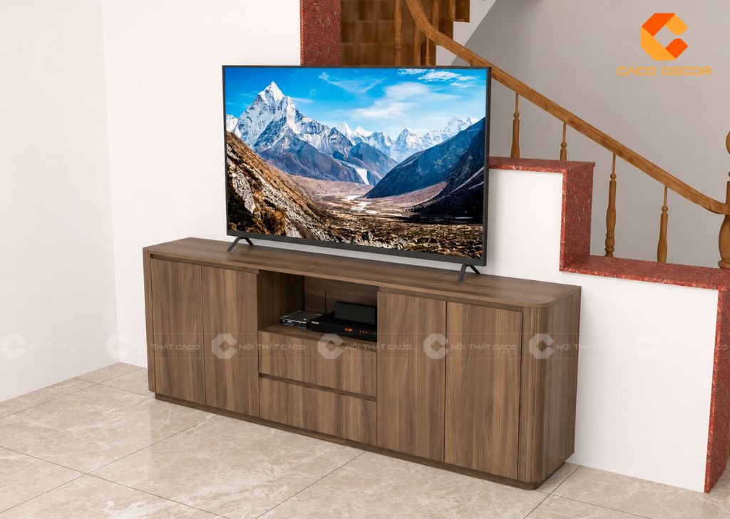 Thiết kế 3D kệ tivi gỗ MDF đặt trong phòng làm việc