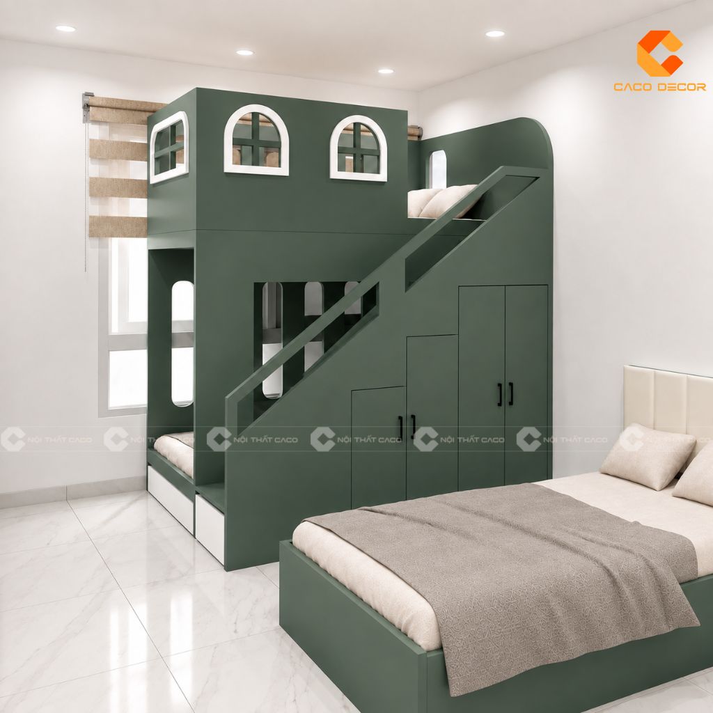 Thiết kế 3D giường tầng kết hợp tủ quần hiện đại