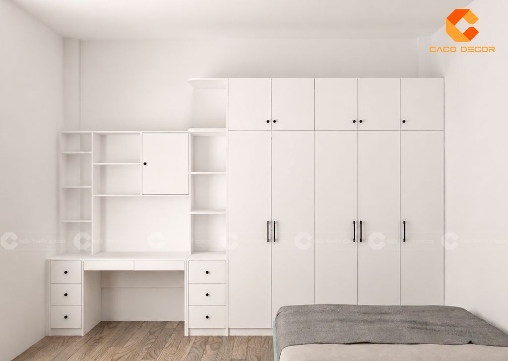 Thiết kế 3D tủ áo 5 cánh kết hợp bàn học với tông trắng đồng bộ