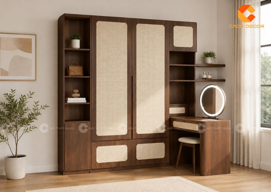 Tủ áo cánh đan mây kết hợp bàn trang điểm đẹp thông minh