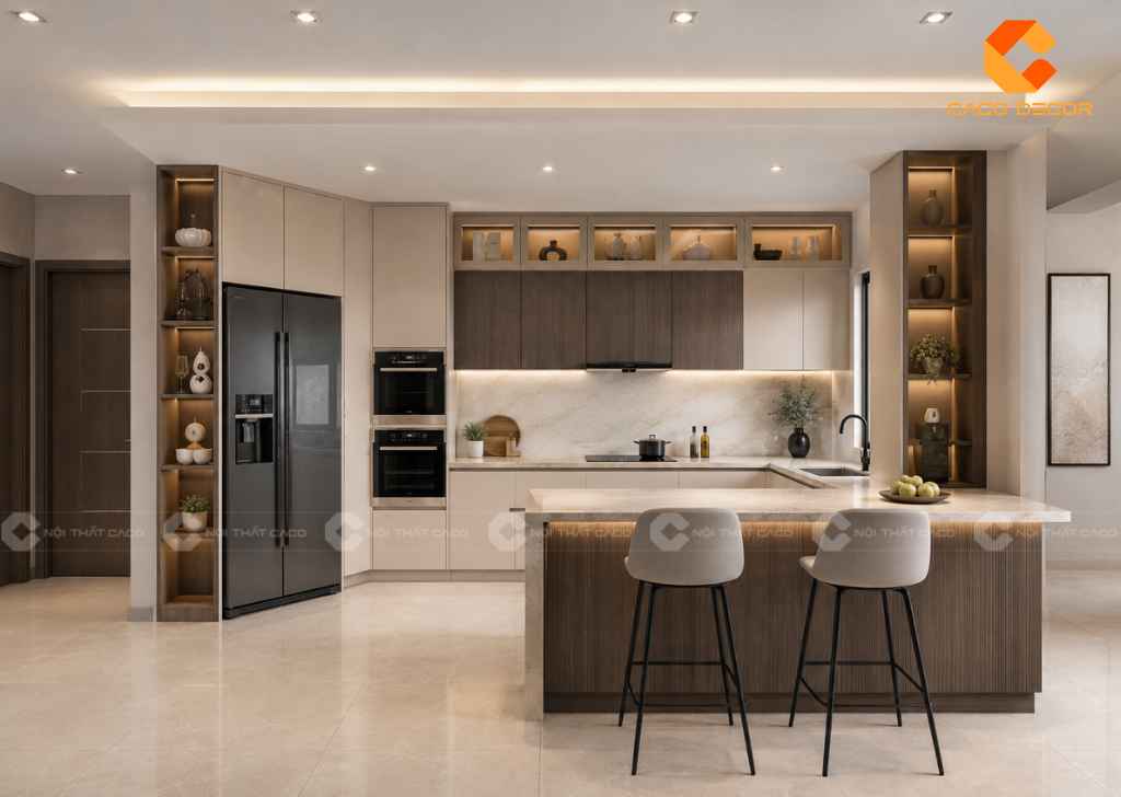 Tủ bếp laminate có quầy bar sang trọng