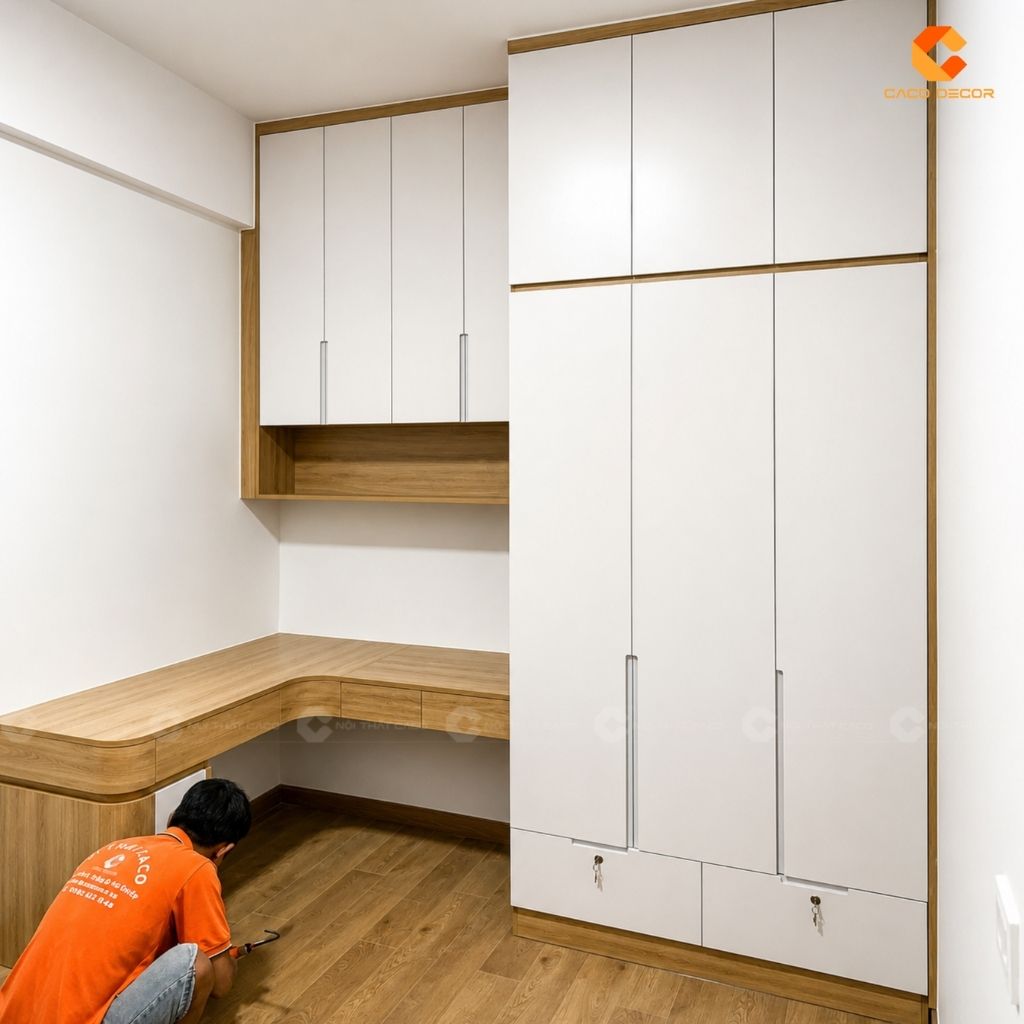 Tủ góc L kèm bàn làm việc do CaCo thi công cho khách