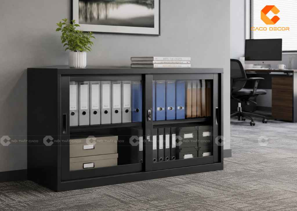 Tủ hồ sơ 2 cánh kính lùa thấp tiết kiệm diện tích màu đen