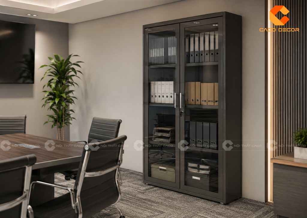 Mẫu tủ hồ sơ hai cánh kính bố trí trong phòng họp