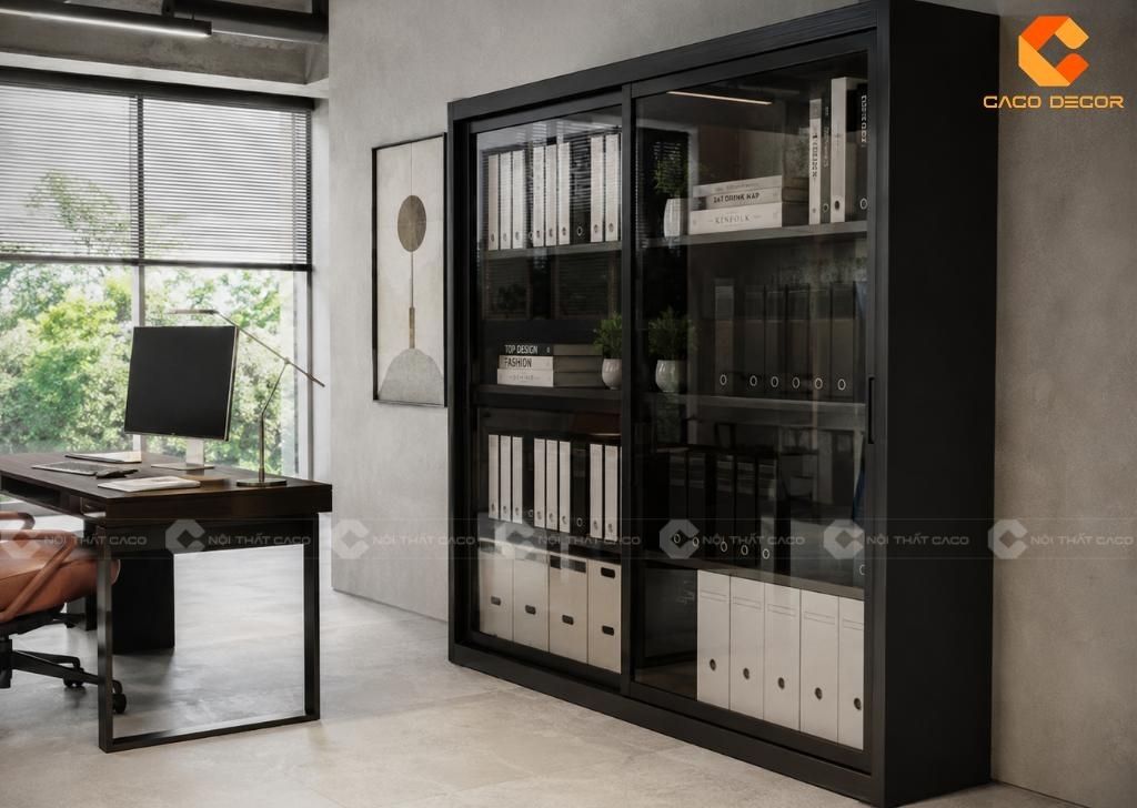 Tủ hồ sơ kính lùa khung nhôm đen sang trọng