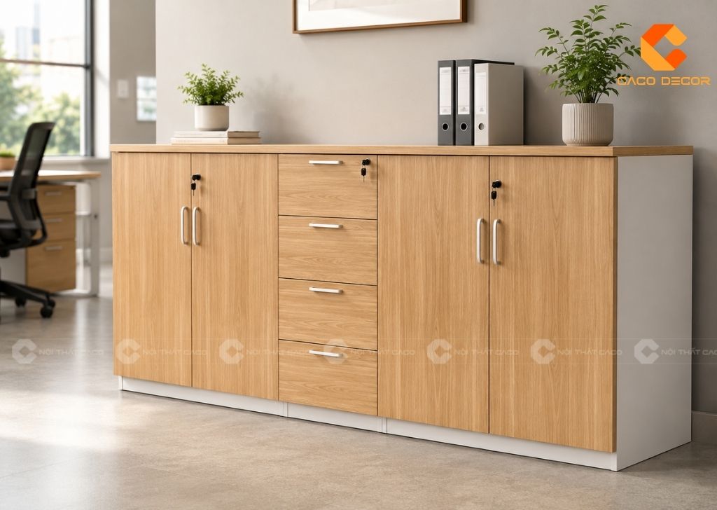 Tủ hồ sơ thấp 4 cánh gỗ vân sáng có cụm ngăn kéo trung tâm