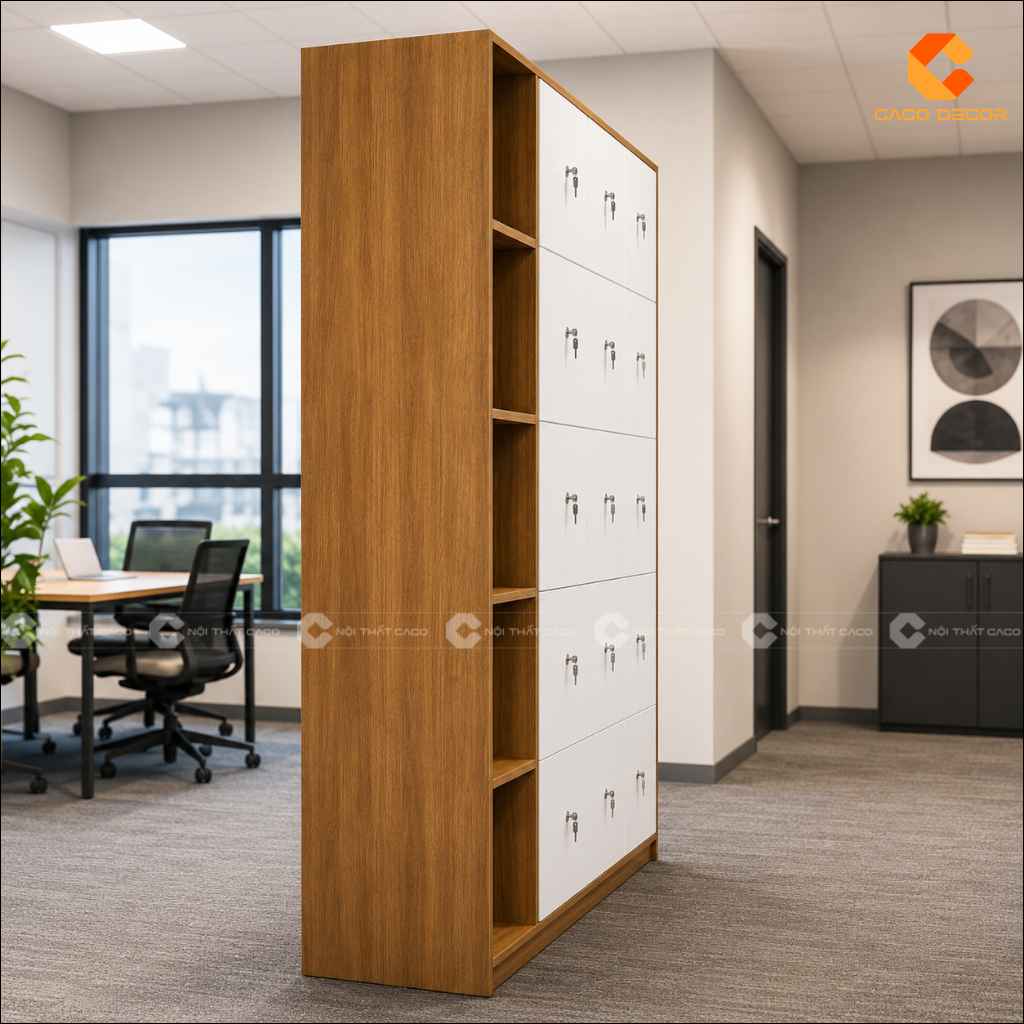 Góc bên tủ locker gỗ công nghiệp LK014 thể hiện chiều sâu và khung vân gỗ