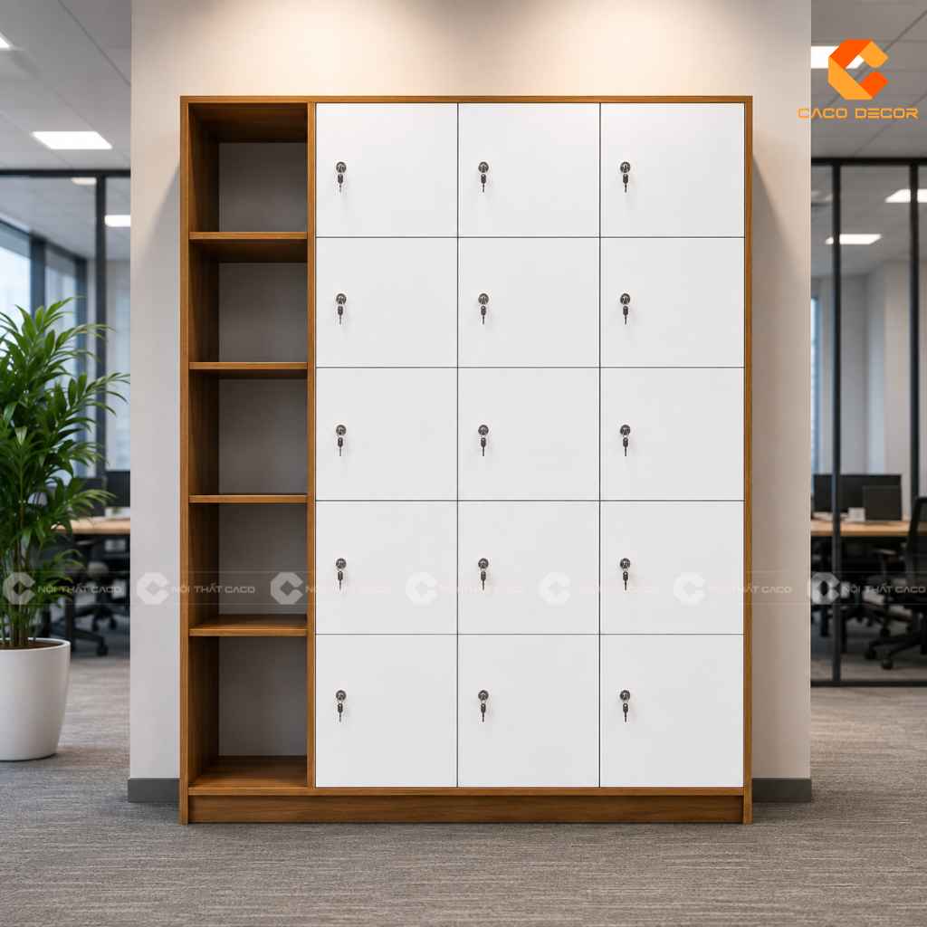 Tủ locker gỗ công nghiệp LK014 phối trắng vân gỗ kết hợp kệ mở