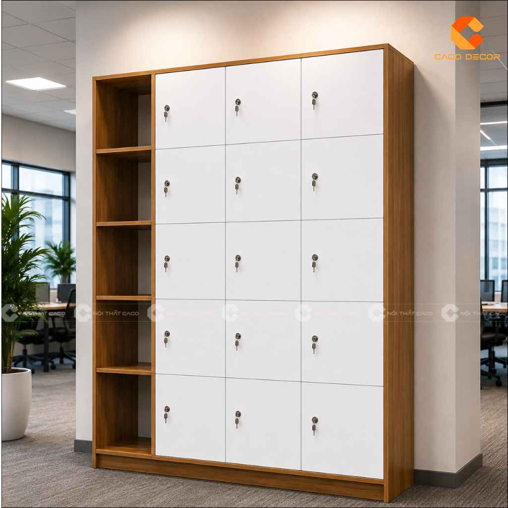 Tủ locker gỗ công nghiệp LK014 nhiều ngăn khóa riêng tại văn phòng