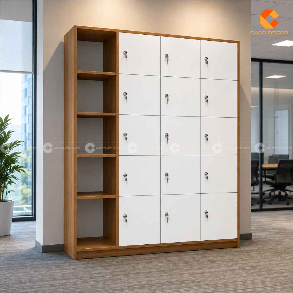 Tủ locker gỗ công nghiệp LK014 phối trắng và vân gỗ trong văn phòng hiện đại