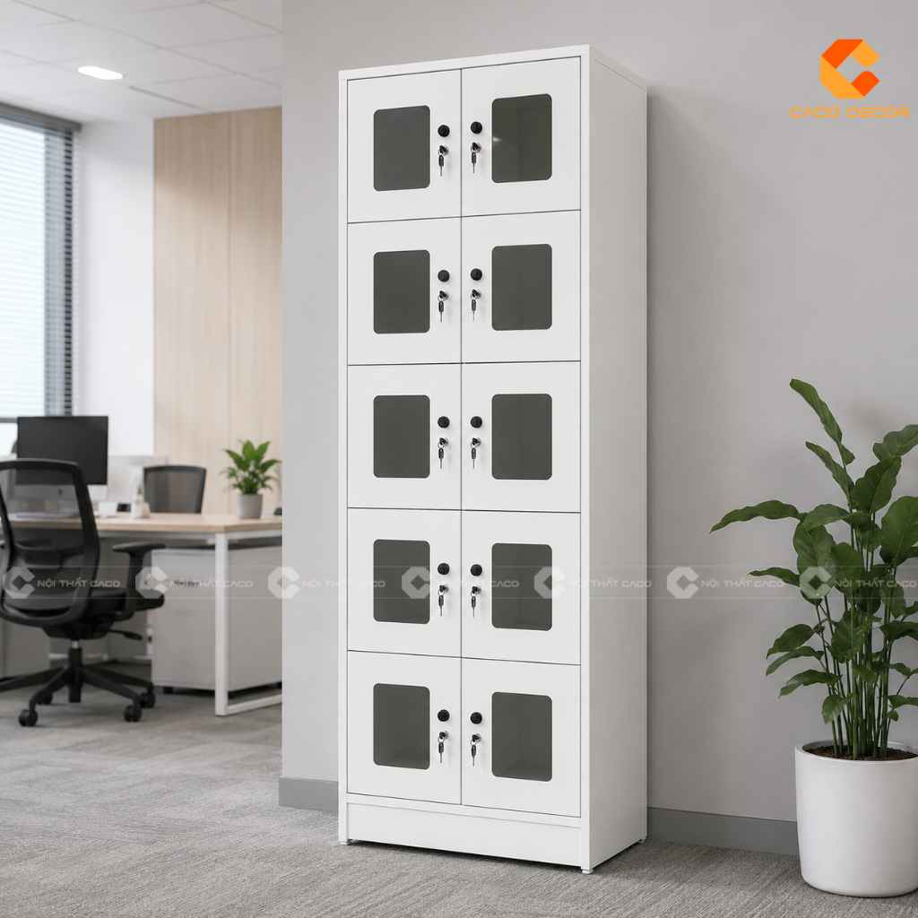 Tủ locker gỗ công nghiệp LK015 10 ngăn màu trắng có ô kính