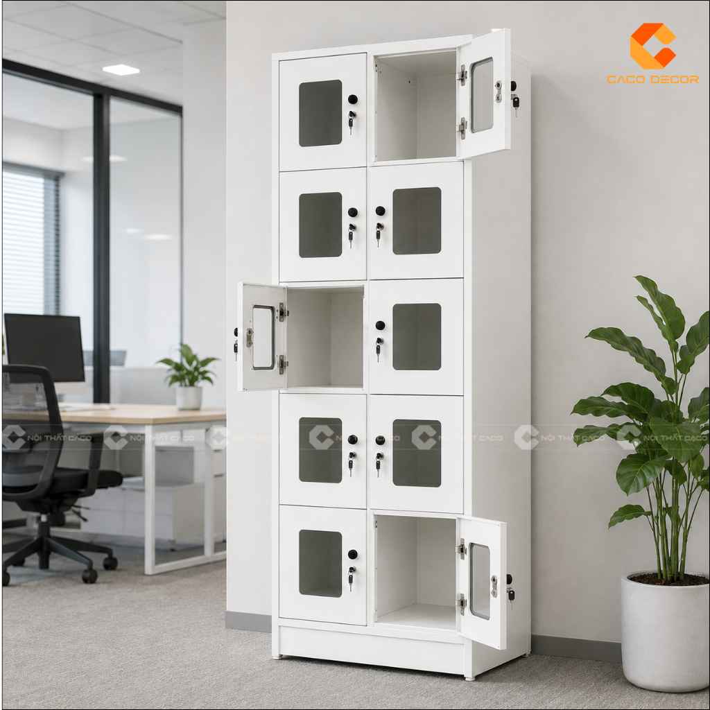 Tủ locker gỗ công nghiệp LK015 mở cánh thể hiện khoang lưu trữ