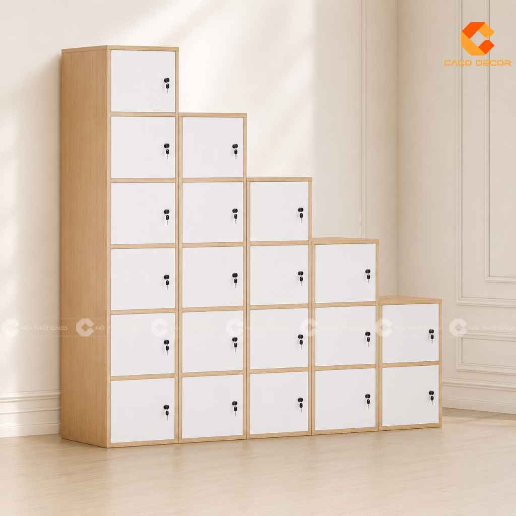 Tủ locker gỗ công nghiệp LK016 thiết kế bậc thang nhiều ngăn