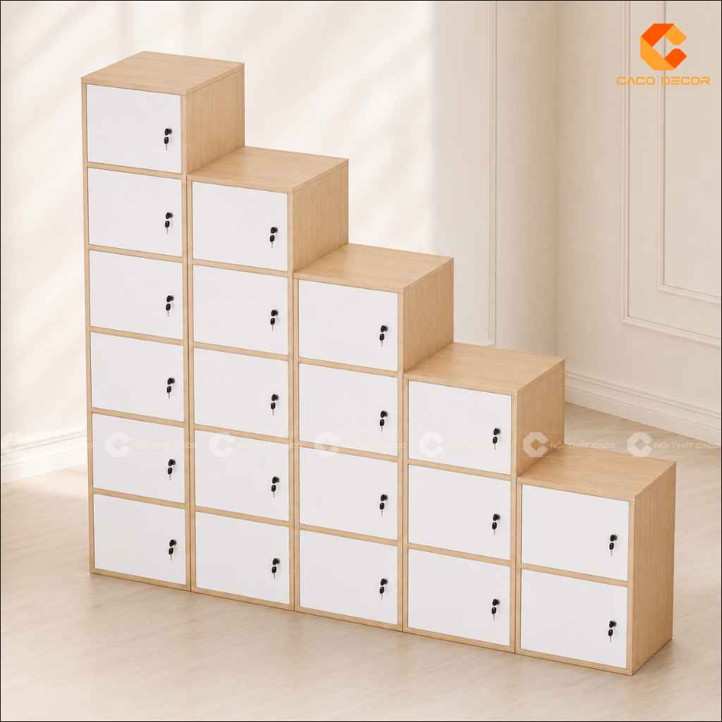 Góc nghiêng tủ locker gỗ công nghiệp LK016 dạng bậc thang