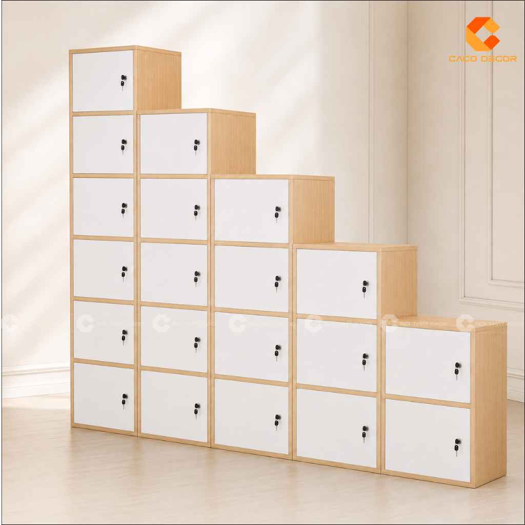 Tủ locker gỗ công nghiệp LK016 phối cánh trắng và khung vân gỗ