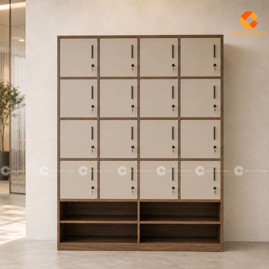 Tủ locker gỗ công nghiệp LK017 16 ngăn kết hợp kệ mở phía dưới