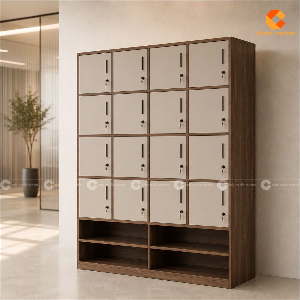 Góc nghiêng tủ locker gỗ công nghiệp LK017 phối vân gỗ và cánh màu be
