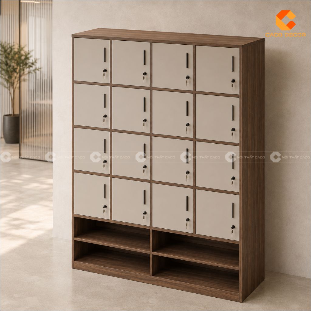 Tủ locker gỗ công nghiệp LK017 có kệ mở phía dưới tiện dụng